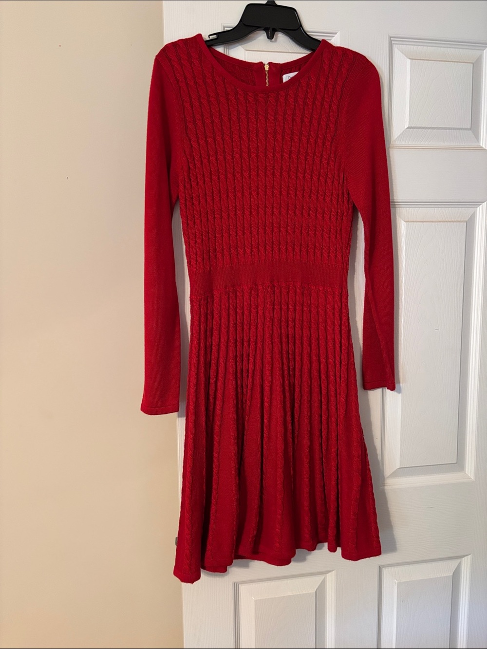 Calvin Klein Red Knit Long-Sleeve Fit-and-Flare Dress
